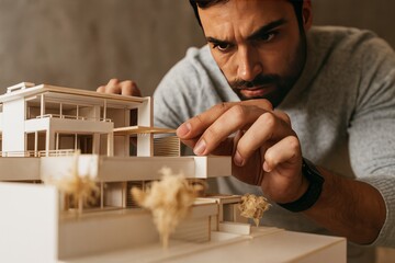 Focused Architect Inspecting Exquisite Modern Architectural Model with Intense Precision and Meticulous Attention to Details