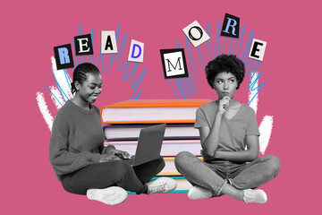 Image trend collage of person use netbook with text read more above on pink color background