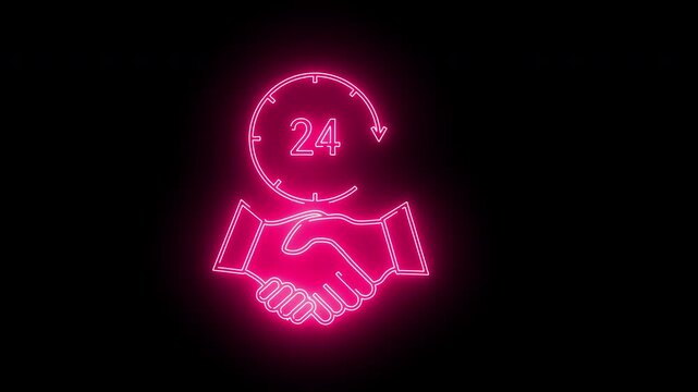 handshake icon and 24 hour icon with neon effect