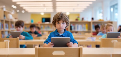 The child focused on a tablet in a modern library setting.