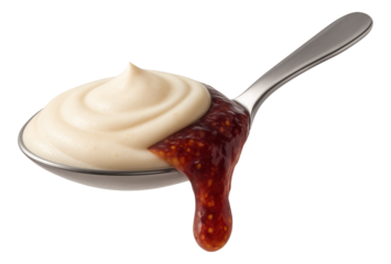Spoon carrying almond yogurt, with a flow of fig pulp.