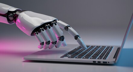 Sleek Robotic Hand Poised Over Laptop Keyboard in Futuristic Neon Light