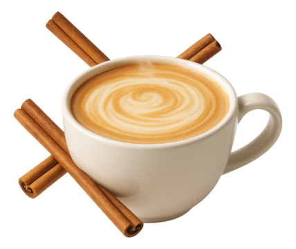 Vanilla latte in a ceramic cup with floating cinnamon sticks.