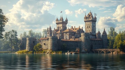Fototapeta premium Stone Castle on an Island with a Wooden Bridge
