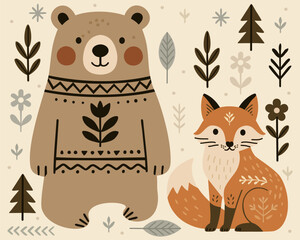 Bear and fox. Cute forest animals in scandinavian style surrounded with floral design elements. Vector illustration