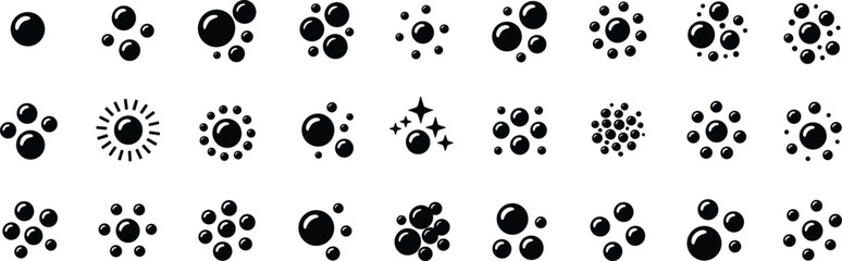 Collection of black bubble icons and sunburst graphic on white background vector