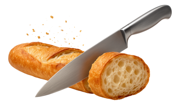 Knife slicing through a baguette, with crumbs scattering around.