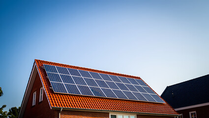 Fototapeta premium Modern Solar Panels on the Red Tiled Roof of a Brick House on a Sunny Day