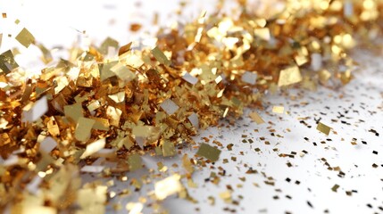 Highresolution digital rendering of shimmering gold confetti falling midair with dynamic motion, detailed sparkles, and realistic shadows against a neutral background, perfect for celebratory and fes