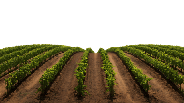 rows of grapevines in vineyard isolated on white background