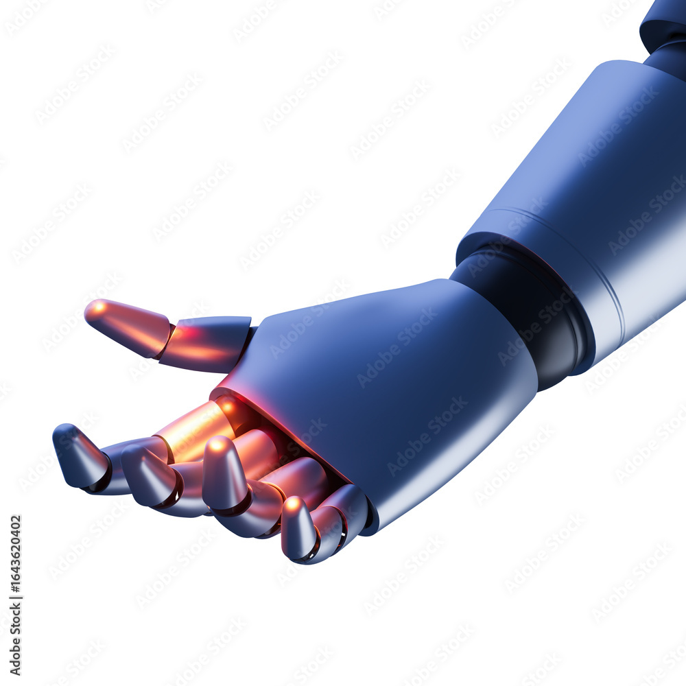 Poster futuristic robotic hand with glowing joints extended in a relaxed pose, metallic surface, isolated o