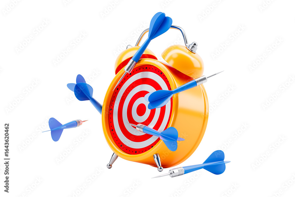 Aufkleber yellow alarm clock with red dartboard face targeted by blue darts, glossy 3d rendering style, isolat
