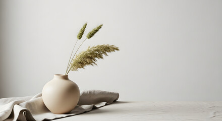 Beige ceramic vase with dried pampas grass on linen, minimalist still life with copy space