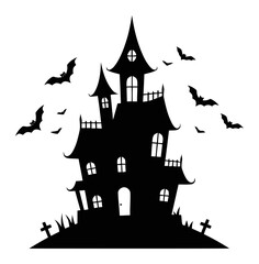 Minimalist Spooky Haunted House Vector Silhouette with Bats - Modern Flat Design