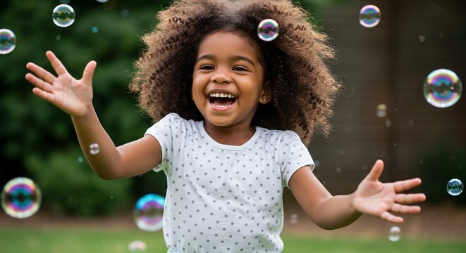 Ecstatic Young Girl with Curly Afro Surrounded by Iridescent Bubbles