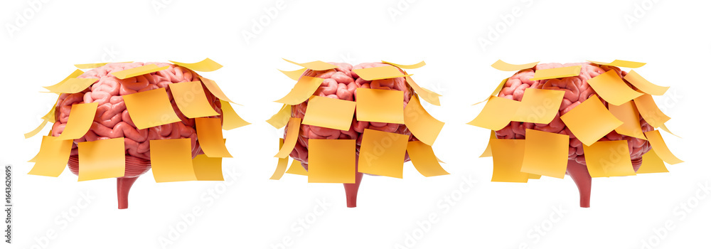 Poster three human brains covered with yellow sticky notes, isolated on white background, conceptual 3d ren