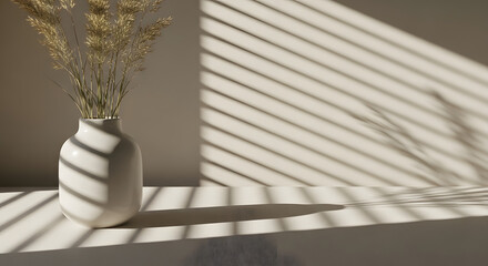 White ceramic vase with dried grasses in sunlit window-blind shadows, minimalist interior background with copy space
