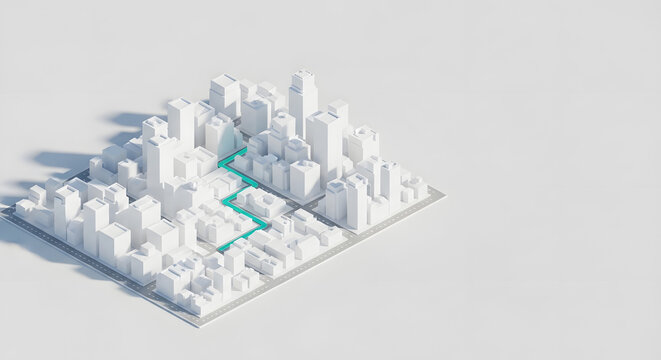Isometric 3D city map with highlighted GPS route, urban block render with copy space