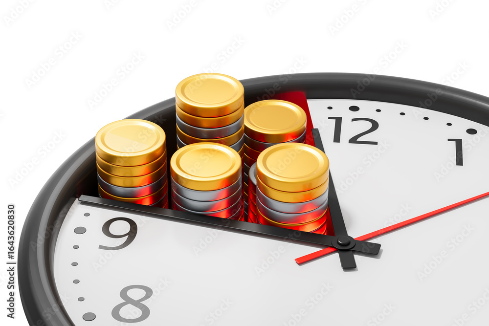 Aufkleber pile of shiny gold and silver coins placed within a clock segment, isolated on white background, 3d 
