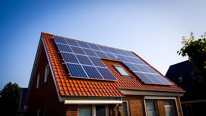 Fototapeta premium Modern Solar Panels on the Red Tiled Roof of a Brick House on a Sunny Day