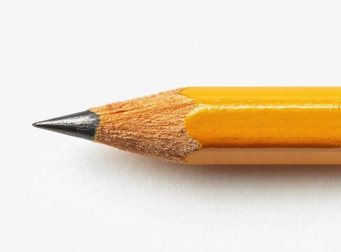 Close-up of a sharpened yellow pencil's graphite tip against a stark white background, showcasing wood grain and slightly worn graphite