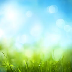 Obraz premium Beautiful Sunny Spring Meadow with Green Grass and Blue Sky – Light Bokeh Background with Copy Space