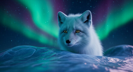  Mystical Arctic fox under the aurora’s glow: a dreamlike close-up amidst enchanted ice fields and whispering polar winds.