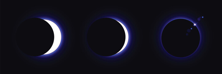Different phases of solar eclipse. Iridescent round aura eclipse. Blue planet glow background. Sun or moon total eclipse in dark space. Star aurora flare with sparkles and sparkles effects.