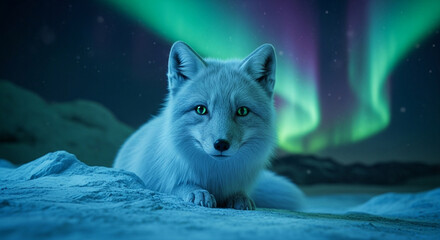  Mystical Arctic fox under the aurora’s glow: a dreamlike close-up amidst enchanted ice fields and whispering polar winds.