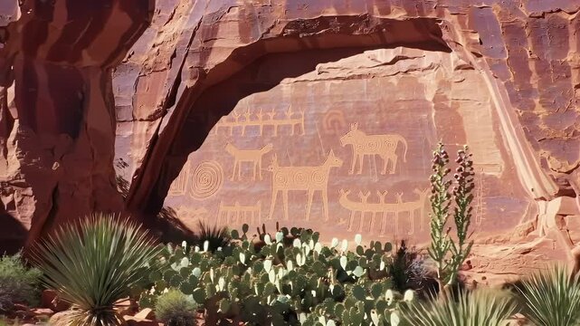 Ancient petroglyphs of animals and figures carved into a red sandstone cliff above desert yucca and cacti.