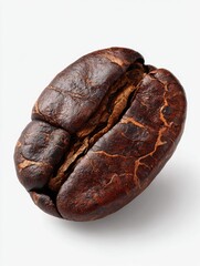 Naklejka premium Close-up of a single, dark-roasted coffee bean, exhibiting a deep brown hue and a textured surface with visible cracks along its central seam, set against a clean white background