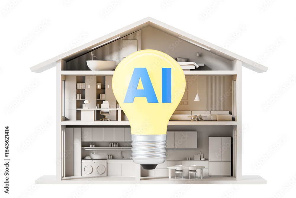 Aufkleber yellow lightbulb with blue ai letters in front of smart home interior cross-section, isolated on whi