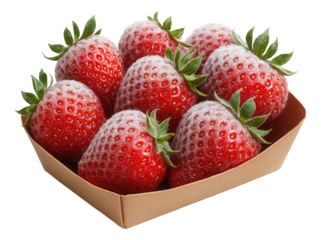 Strawberries coated in frost crystals, clustered in a kraft paper tray.
