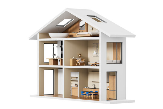 Detailed cross-section of a modern multi-story house interior with furniture, kitchen, and bathroom, realistic 3D Rendering, isolated white background