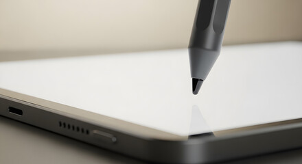 Macro close-up of stylus pen tip above tablet touchscreen, blank digital canvas mockup with copy space