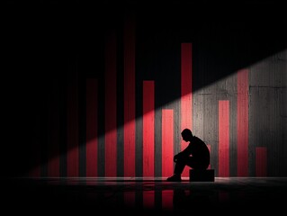 A lonely man sits on a box with his head down as red financial bars drop on the wall