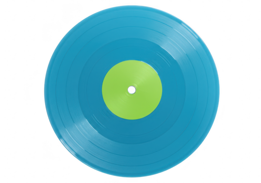 Blue vinyl record with green label isolated on transparent background - Powered by Adobe