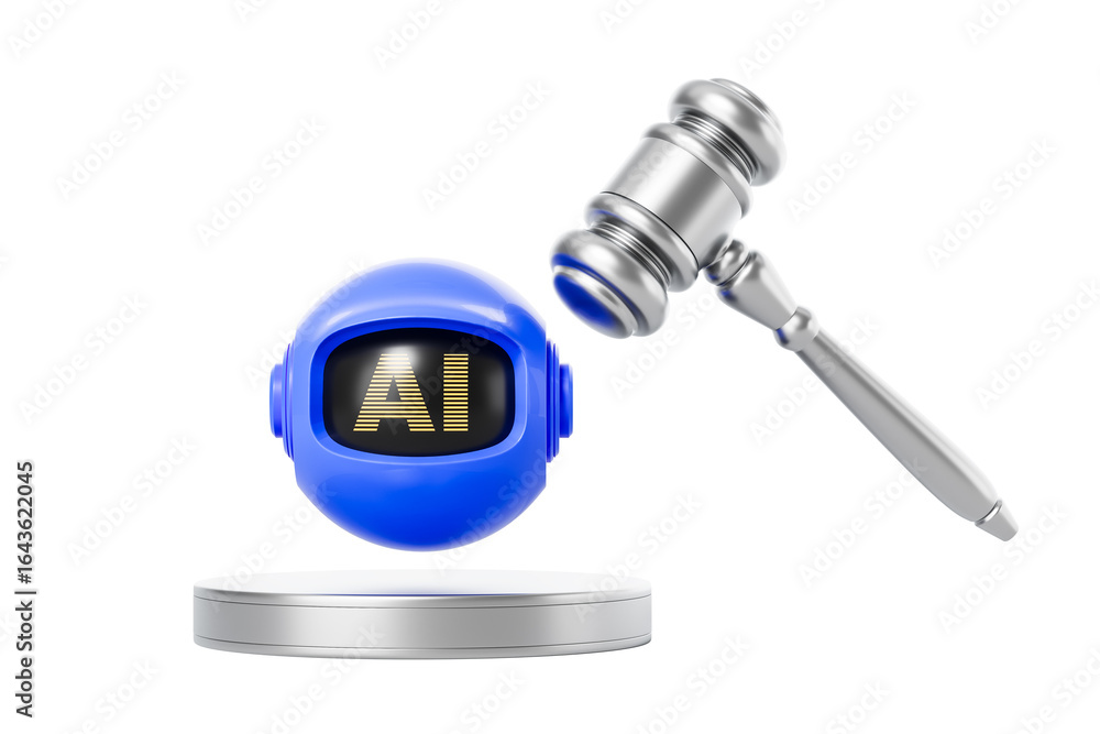 Poster blue ai robot head with digital screen showing ai and a metallic gavel above it, isolated on white b