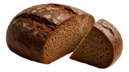 A rye loaf with a wedge cut out, wisps of steam rising.