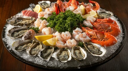 Seafood Platter with Oysters, Shrimp, Lobster, Tuna, and Lemon on Ice