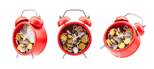 Naklejka na ściany i meble Red alarm clocks stuffed with shiny gold and silver coins, isolated on white background, representing time is money concept in 3D Rendering