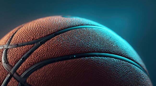 Close-up of a textured orange basketball, partially illuminated by a teal light, showcasing its pebbled surface and black seams