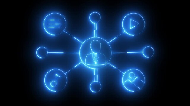 "Neon Glowing User Interface Icons &ndash; Multimedia Network Animation on Black Background"