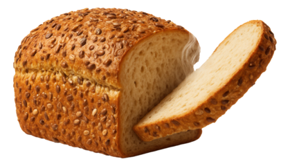 Seeded loaf with a slice lifted, delicate steam tendrils.