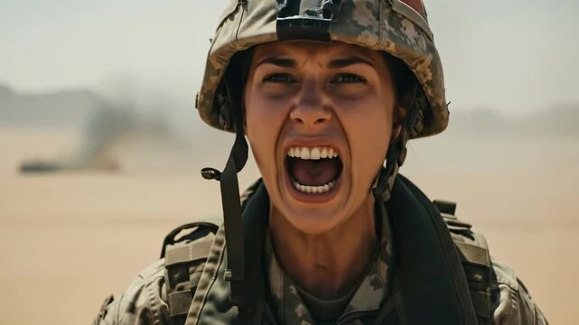 An intense female soldier in full combat gear screams with rage and adrenaline during a fierce battle in a hot and sandy desert warzone with explosions nearby
