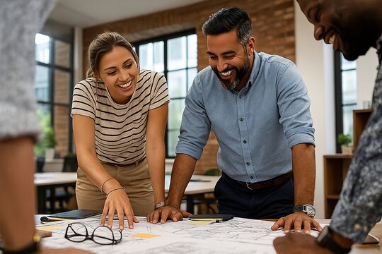 Diverse Team Collaborating on Architectural Blueprints in Bright Modern Office Setting with Positive Energy.