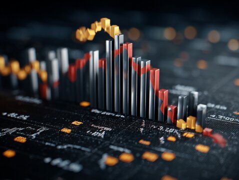 A digital financial chart illustrates complex market trends with bars showing significant fall and rise