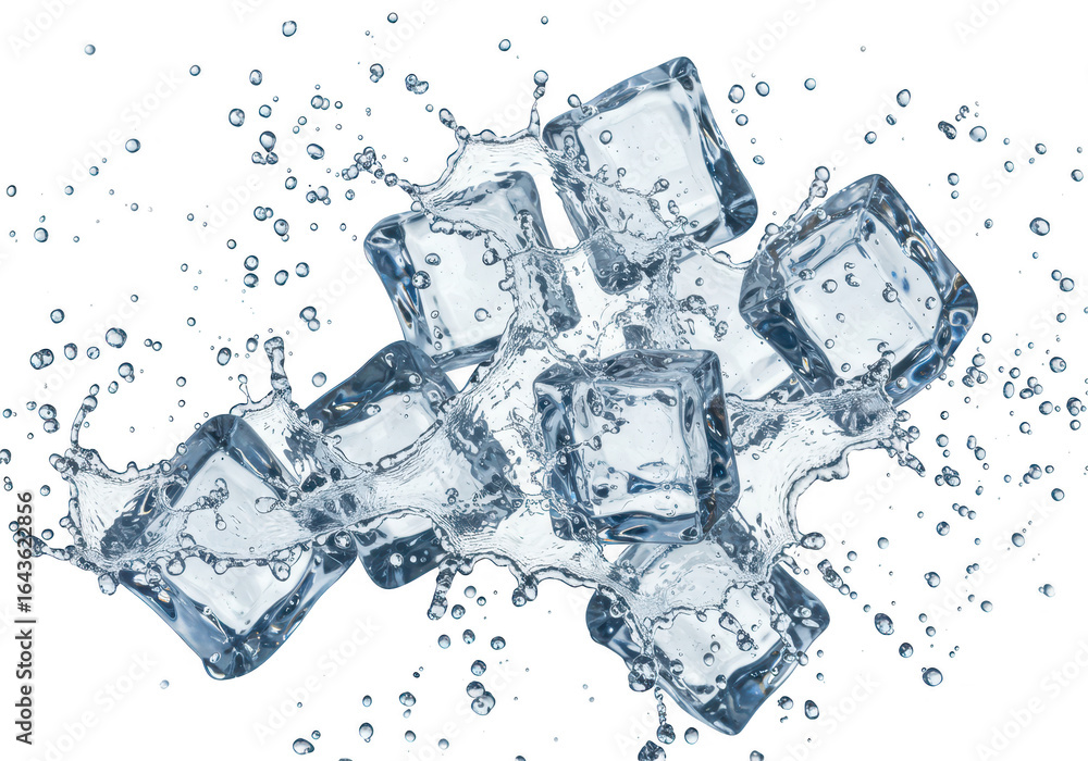 Poster ice cubes splashing in water isolated on transparent background