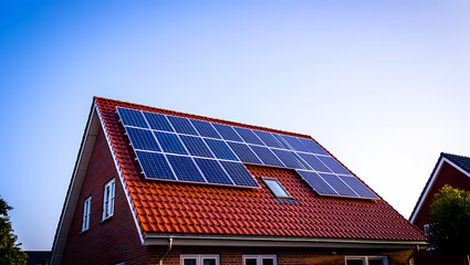 Fototapeta premium Modern Solar Panels on the Red Tiled Roof of a Brick House on a Sunny Day