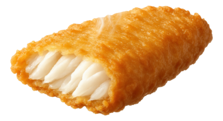 Crispy battered fish fillet, steam gently wafting from broken edges.